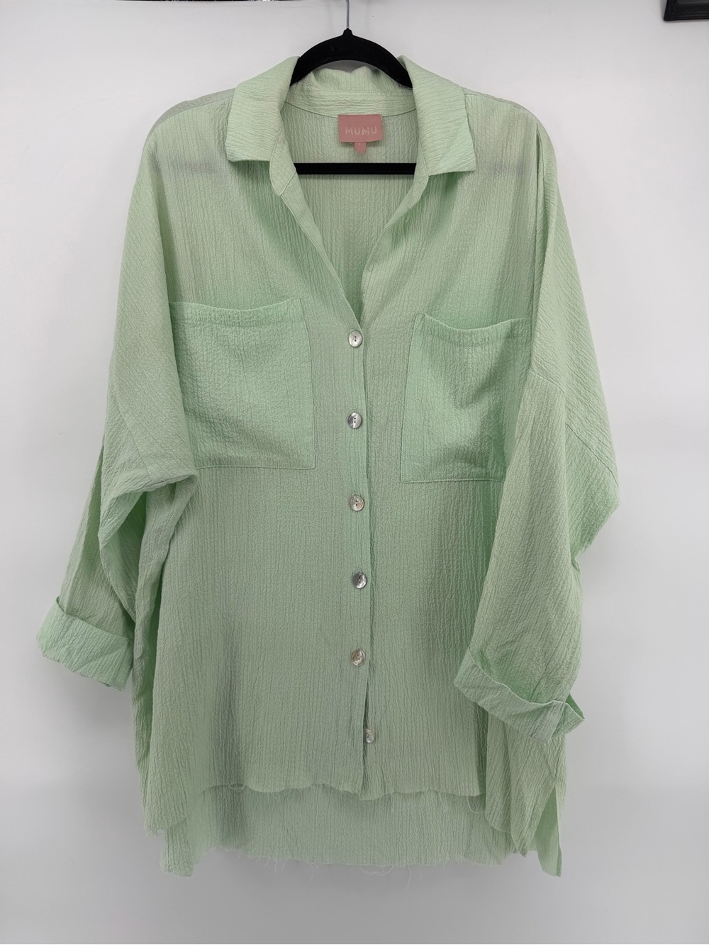 Show Me Your Mumu Johns Button Down Shirt L Sage Green Gauze Crinkle Oversized